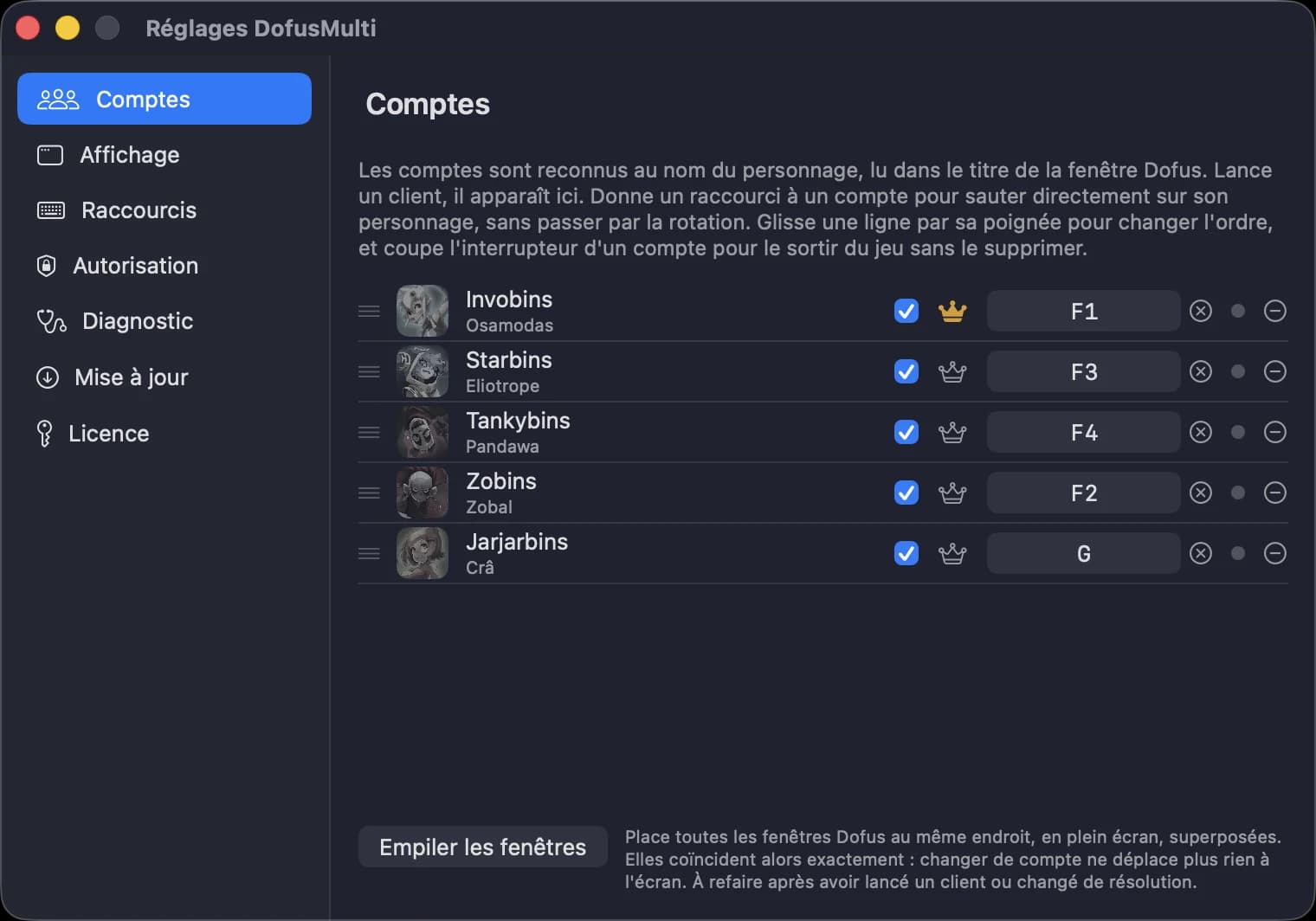 Fenêtre Réglages de DofusMulti, onglet Comptes.