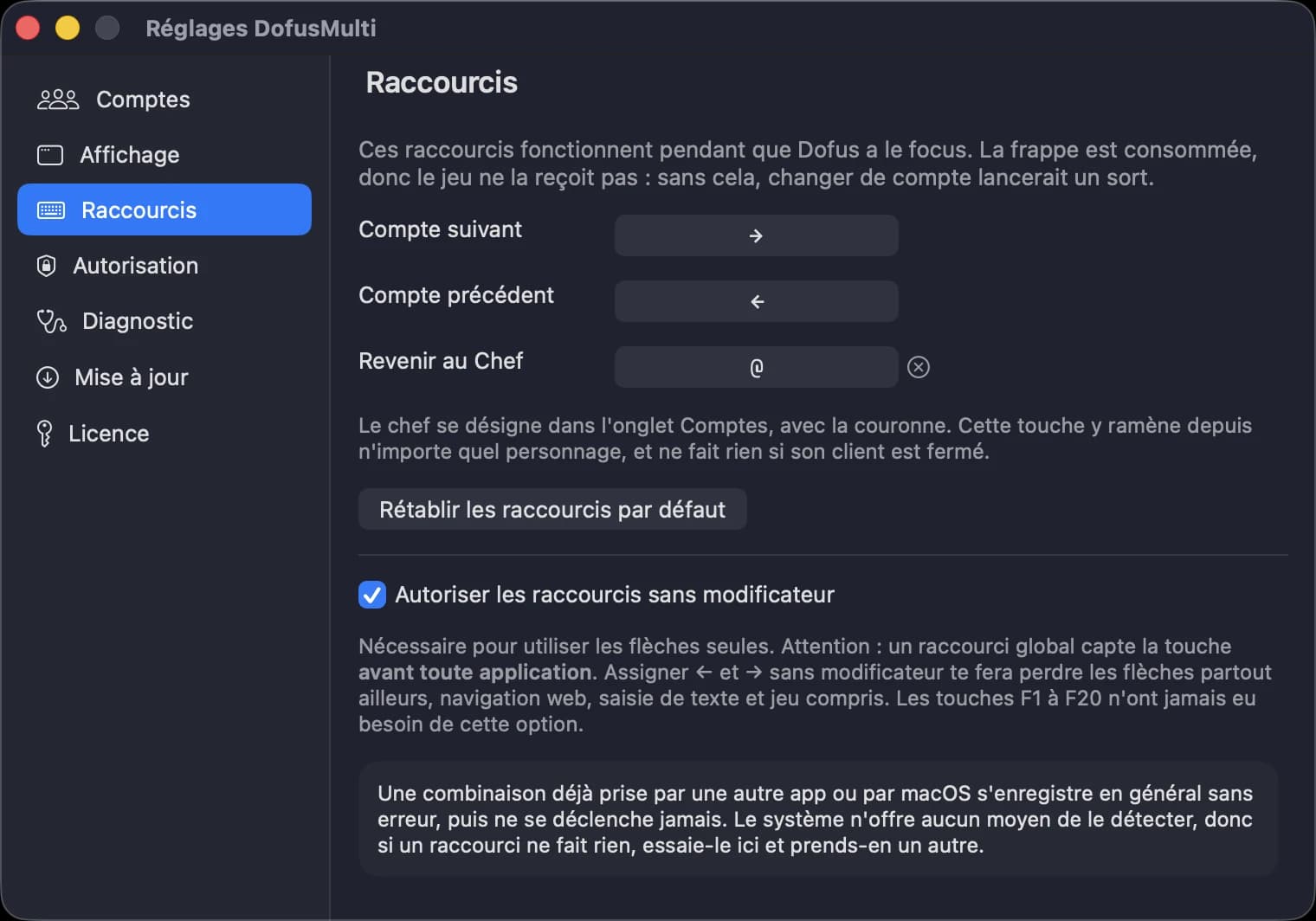 Fenêtre Réglages de DofusMulti, onglet Raccourcis.